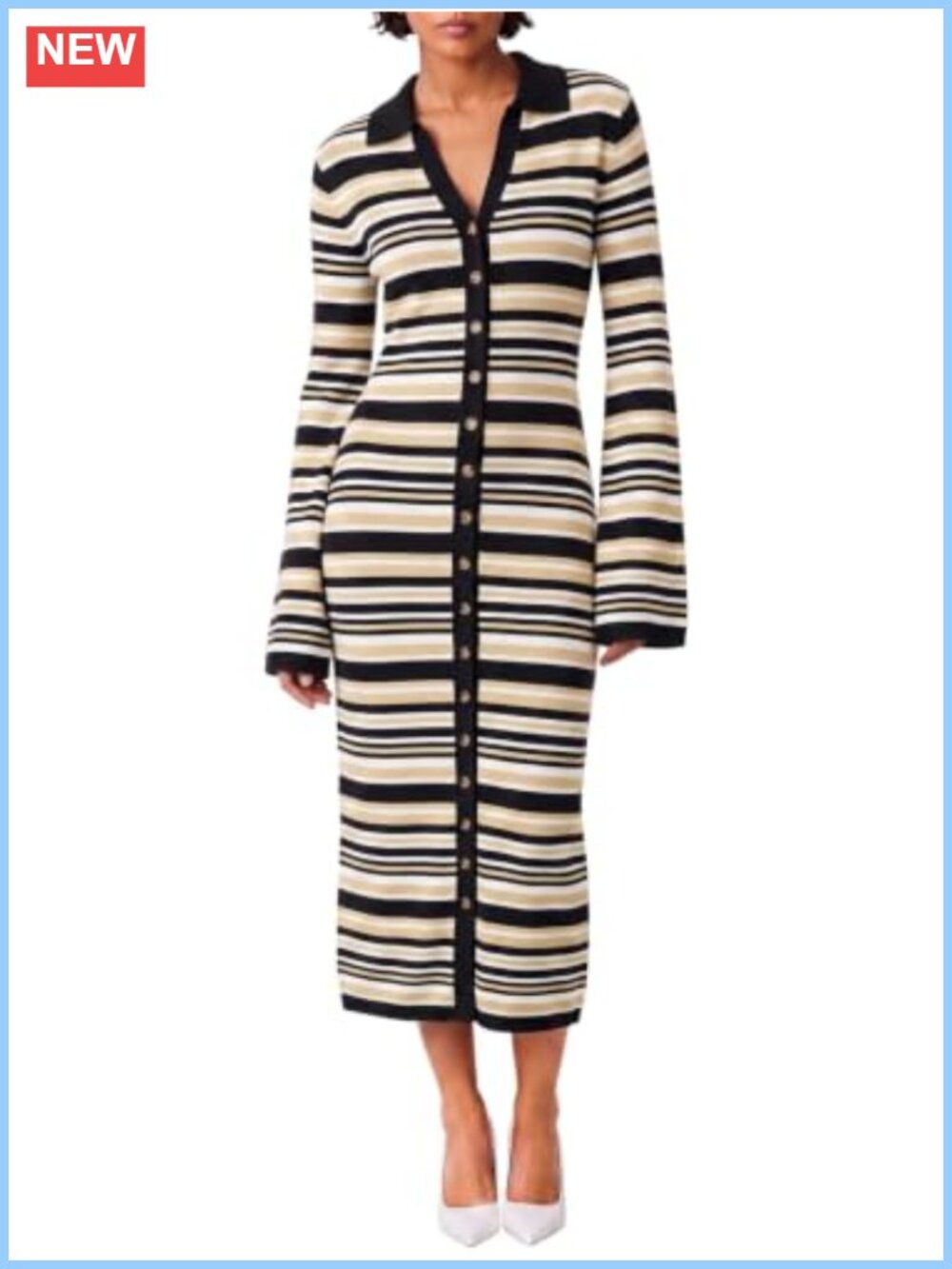 Wenrine Women's Long Cardigan Sweater Dress Striped Button Down Midi Dress